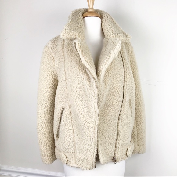 H&M Beige Sherpa Pile Teddy Faux Biker Coat - Picture 2 of 8